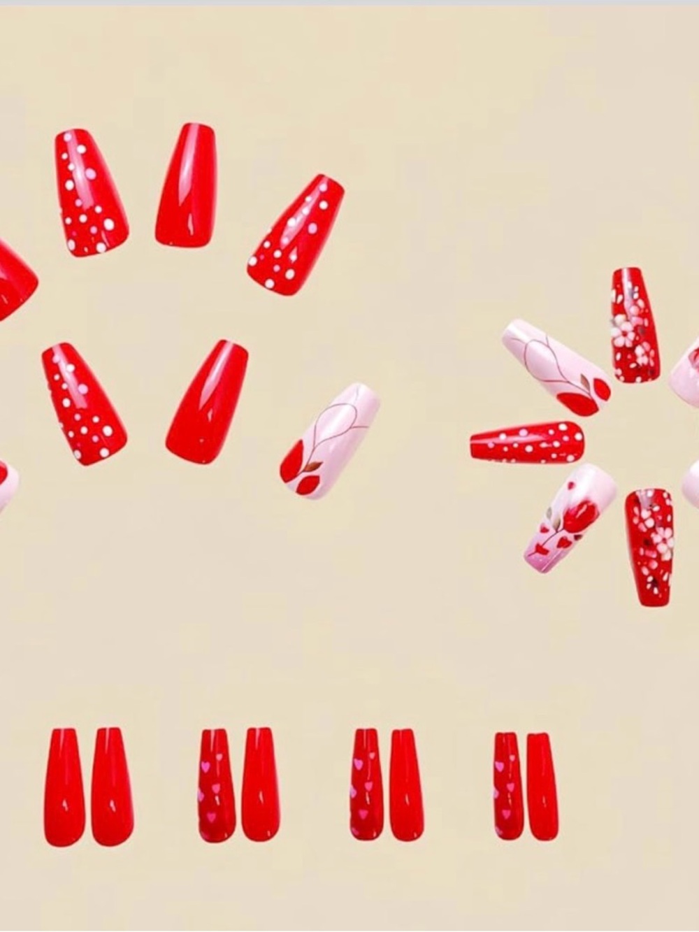 Medium Coffin Red Pink Press-On Nails with Rose Designs Glossy Valentines 24 Pcs - Picture 2 of 4